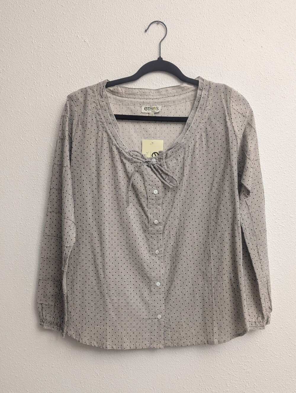 Ethos Paris Organic Cotton Scoop Neck Tie Button Blouse Top Cream/Tan Dot XS NEW